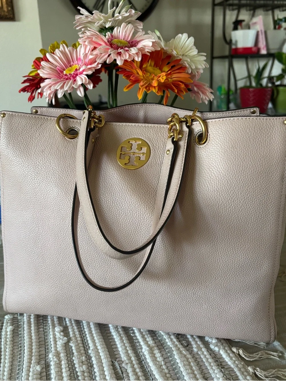 Tory Burch Dusty Pink Pebbled Leather Chain-Handle Tote